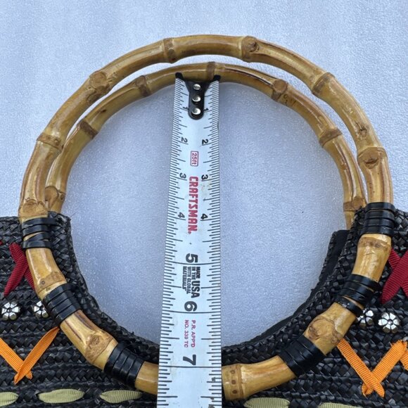 Black Woven Tote With Bamboo Handles & Colorful Embellishments - Picture 10 of 11